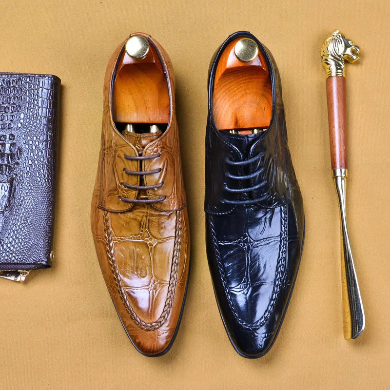 Men's black and brown leather brogues with horse bit buckle, low heel business shoes
