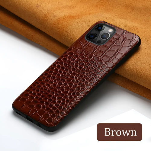 Handmade leather iPhone case featuring a crocodile pattern texture in black, red, brown, or blue.