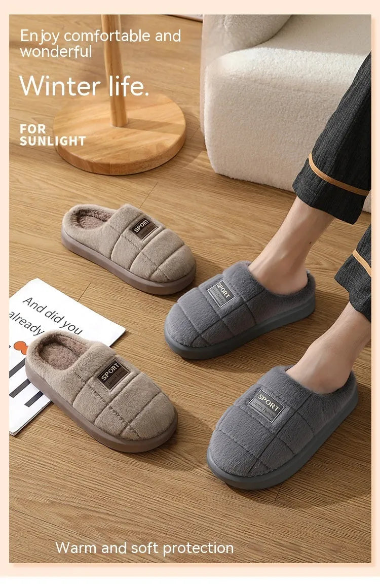 Men's brown rabbit hair winter slippers with thick EVA soles and artificial wool lining
