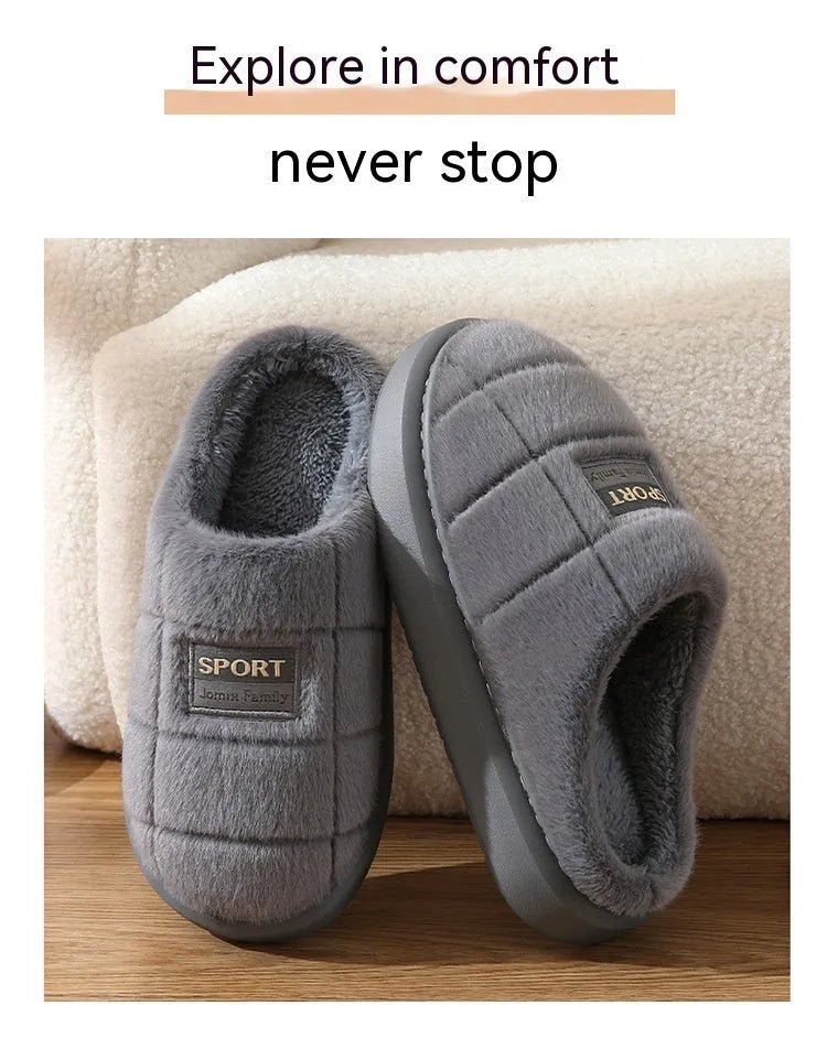 Men's brown rabbit hair winter slippers with thick EVA soles and artificial wool lining
