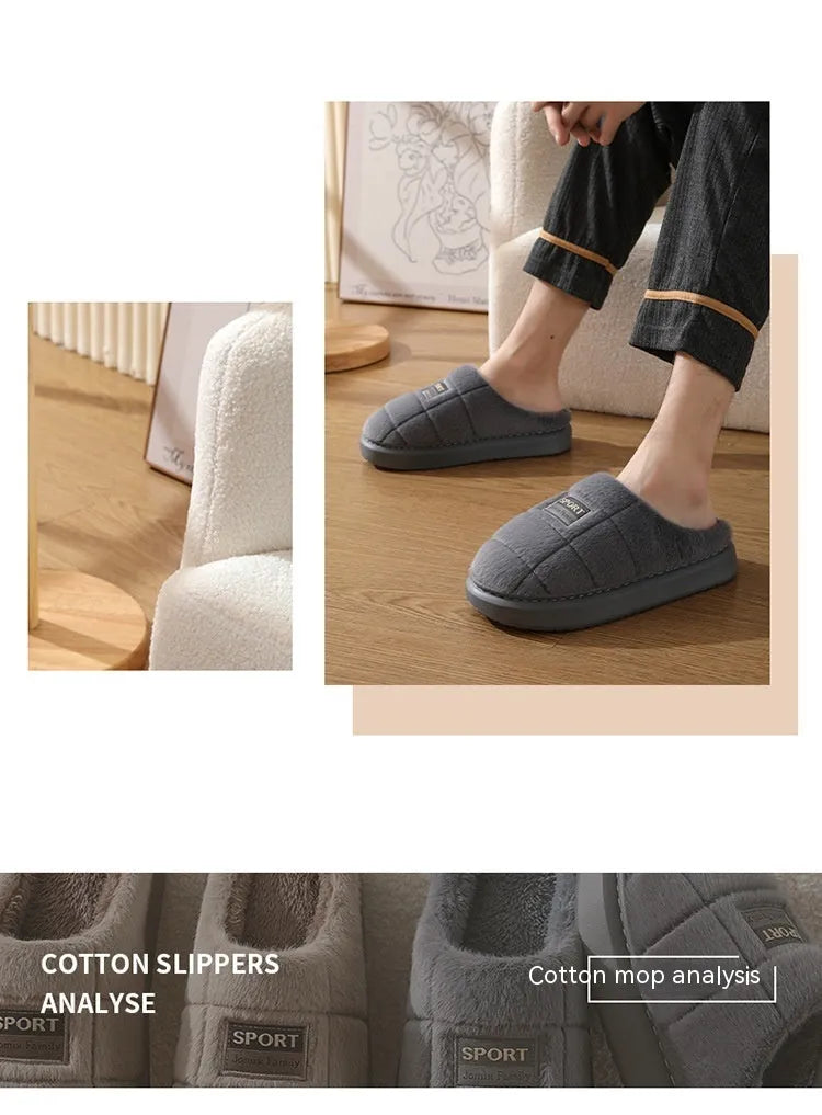 Men's brown rabbit hair winter slippers with thick EVA soles and artificial wool lining