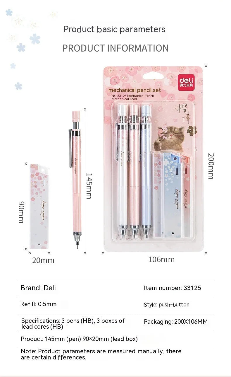 Sakura-themed automatic mechanical pencil set with three 0.5mm pencils and refill boxes