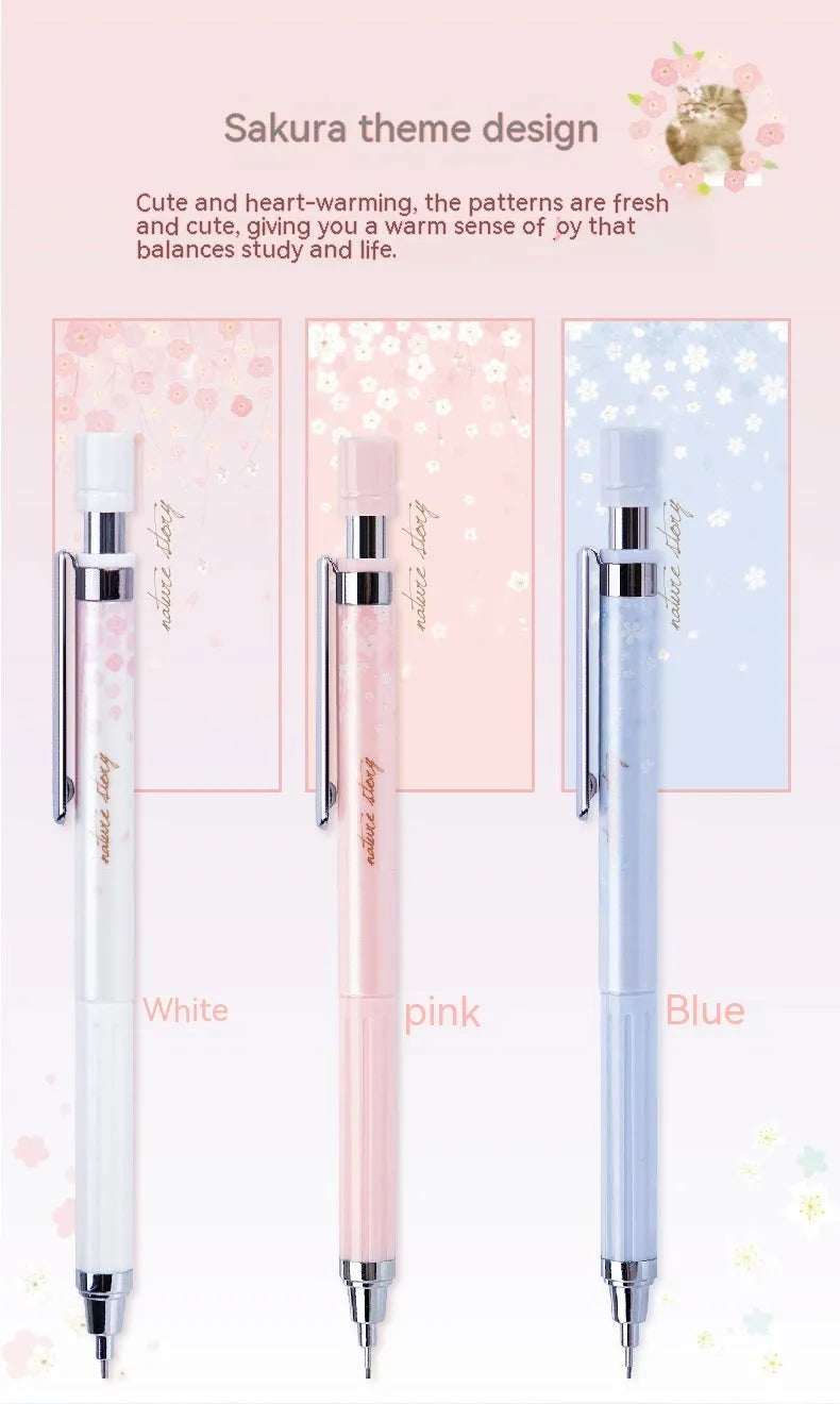 Sakura-themed automatic mechanical pencil set with three 0.5mm pencils and refill boxes