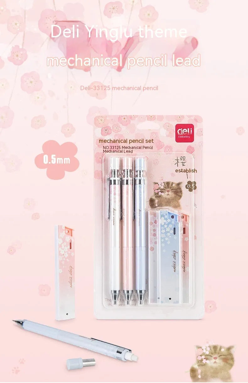 Sakura-themed automatic mechanical pencil set with three 0.5mm pencils and refill boxes