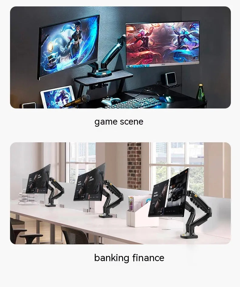 Dual screen computer monitor lifting bracket with aluminium alloy frame on a desk