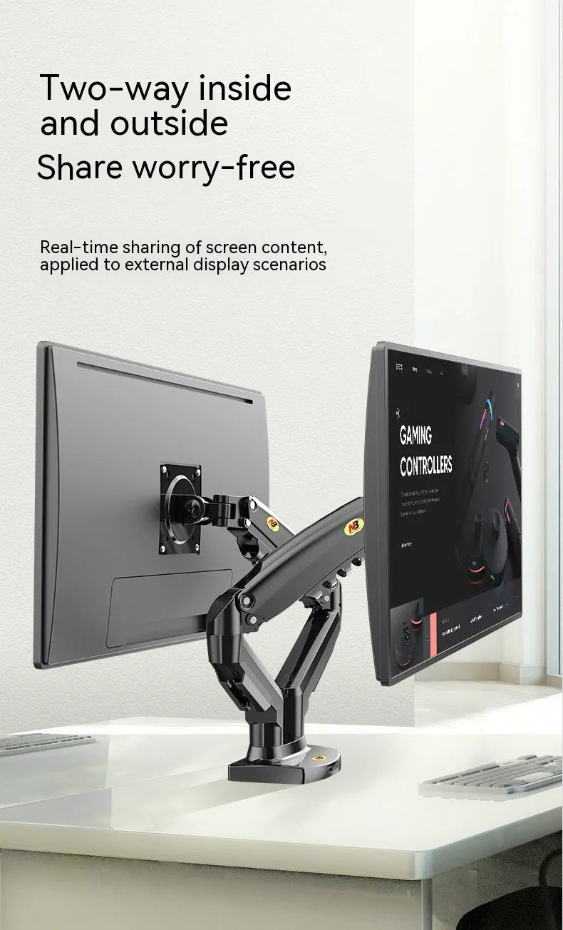 Dual screen computer monitor lifting bracket with aluminium alloy frame on a desk