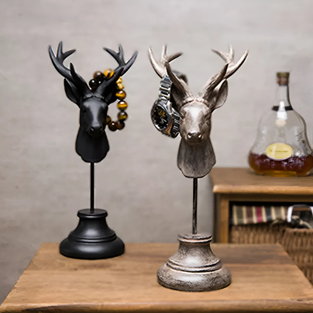 Hand-carved natural resin animal statue in black, white, and wood colour, 32cm tall.