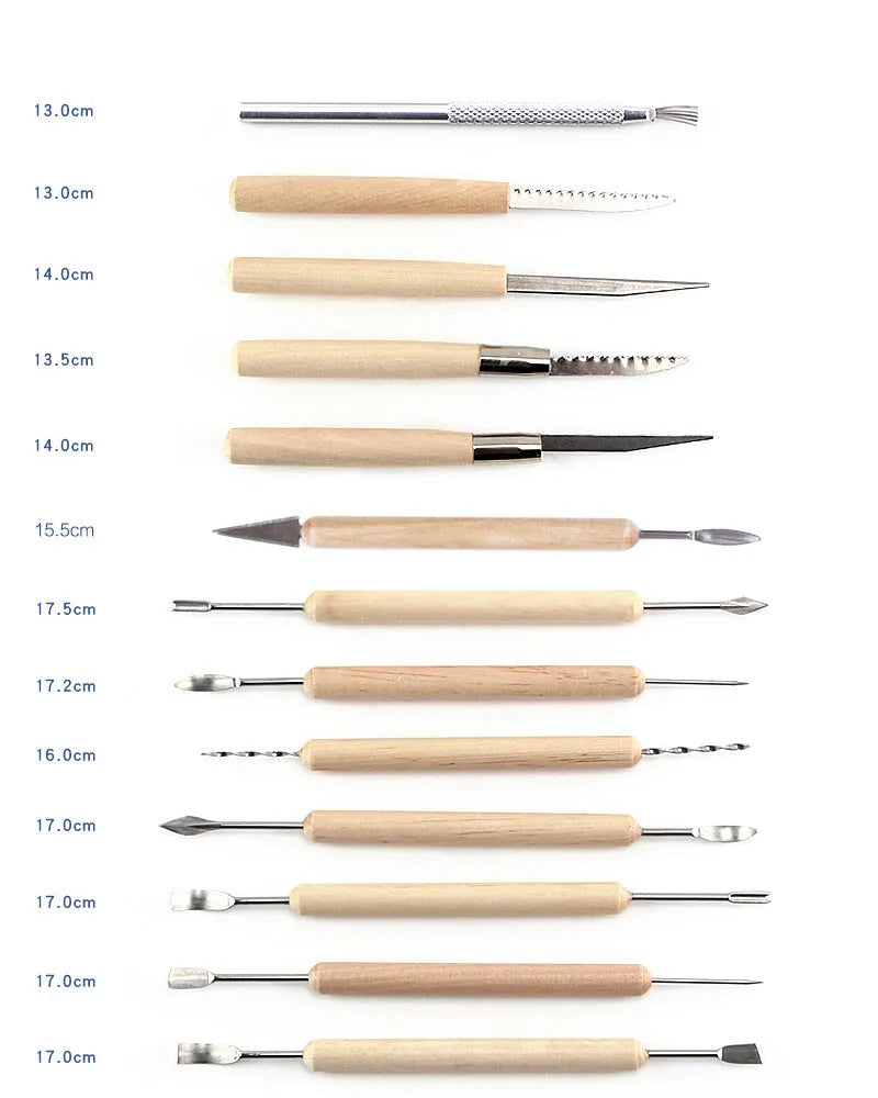 27-piece pottery clay tool set with wood, stainless steel, and plastic sculpting tools in OPP bag