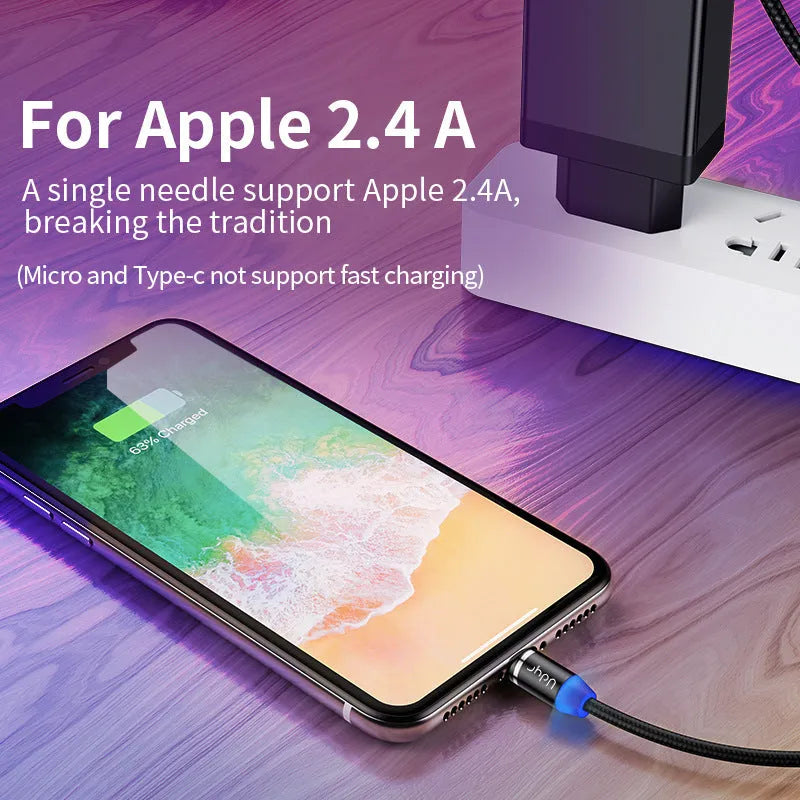 Magnetic data cable with detachable Android, Apple, and Type-C heads in black, red, and silver.