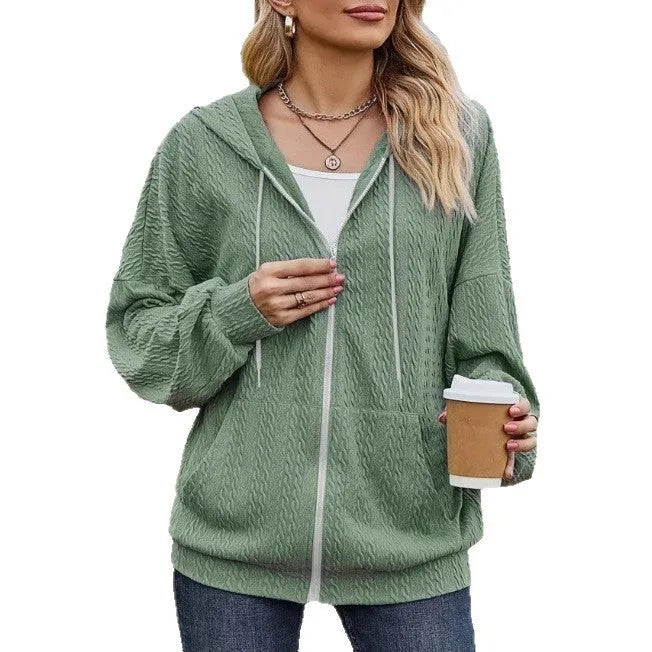 Green women's hooded zip-front sweater jacket in loose Japanese Korean casual style