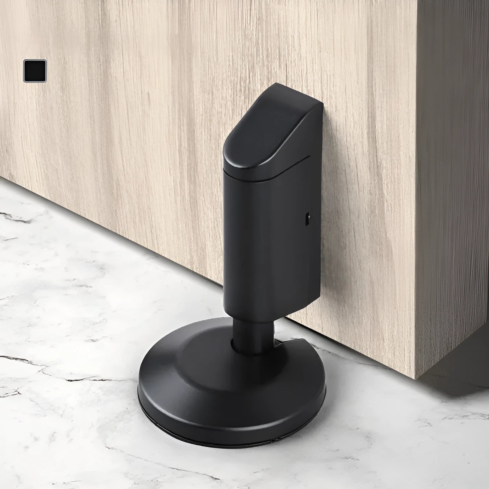 Modern invisible zinc alloy door stopper in six colour finishes on a wall.