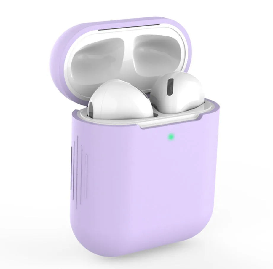 Silicone protective case for AirPods 2nd generation wireless earbuds in various colours showing 56x47x24mm dimensions