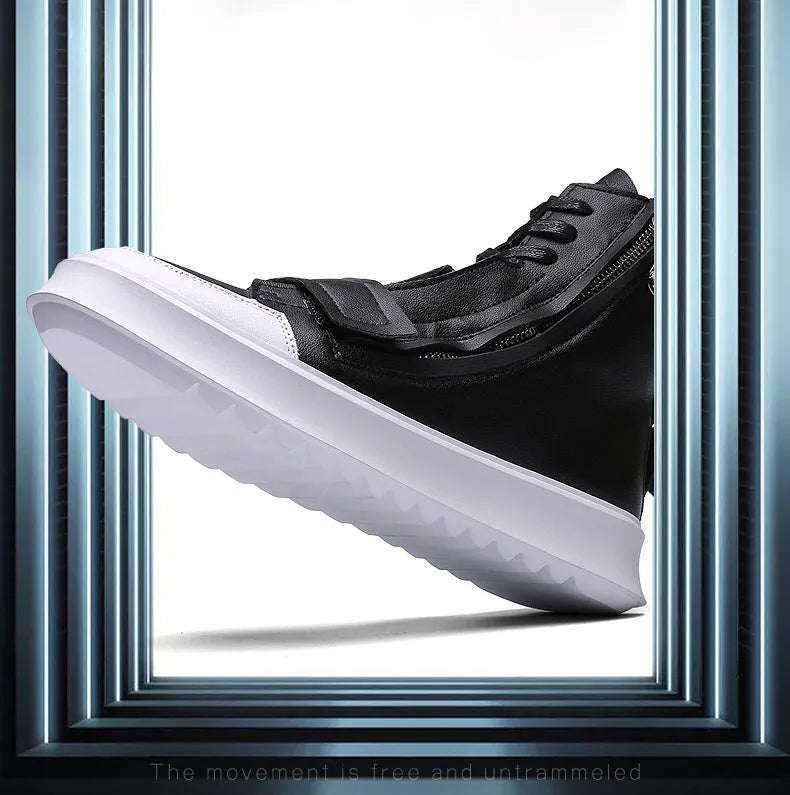 Men's black and white high-top style winter ankle boots made from PU leather and microfiber.