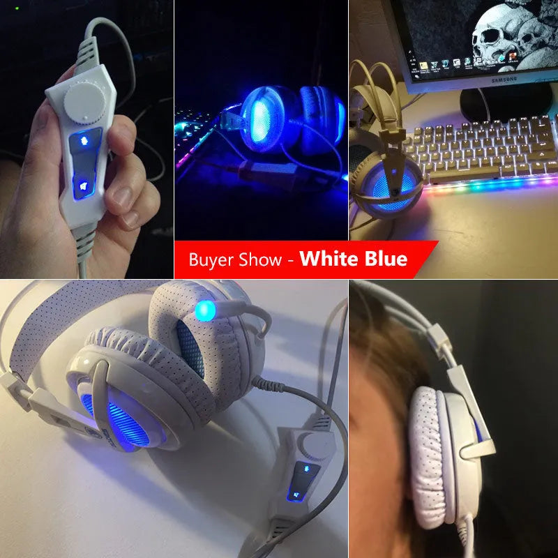 Black and white USB gaming headset with LED lights on ear cups and a padded headband.