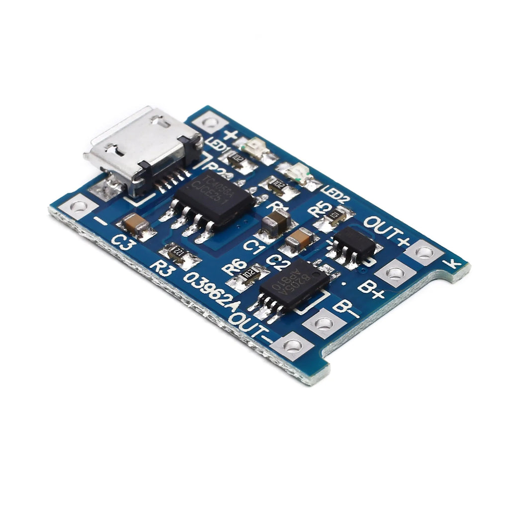Blue lithium battery charging and protection integrated circuit board measuring 2.6 by 1.7 centimetres