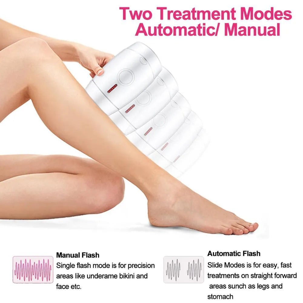 White home laser hair removal device with digital display, shown next to its power adapter and packaging box.
