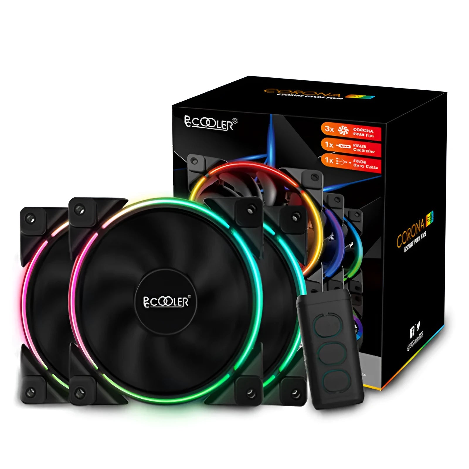 Three black 120mm RGB PC cooling fans with hydraulic bearings showing fan blade details