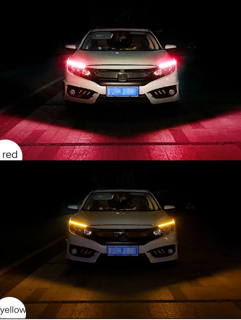 Flexible silicone car LED daytime running light and turn signal strip showing length options