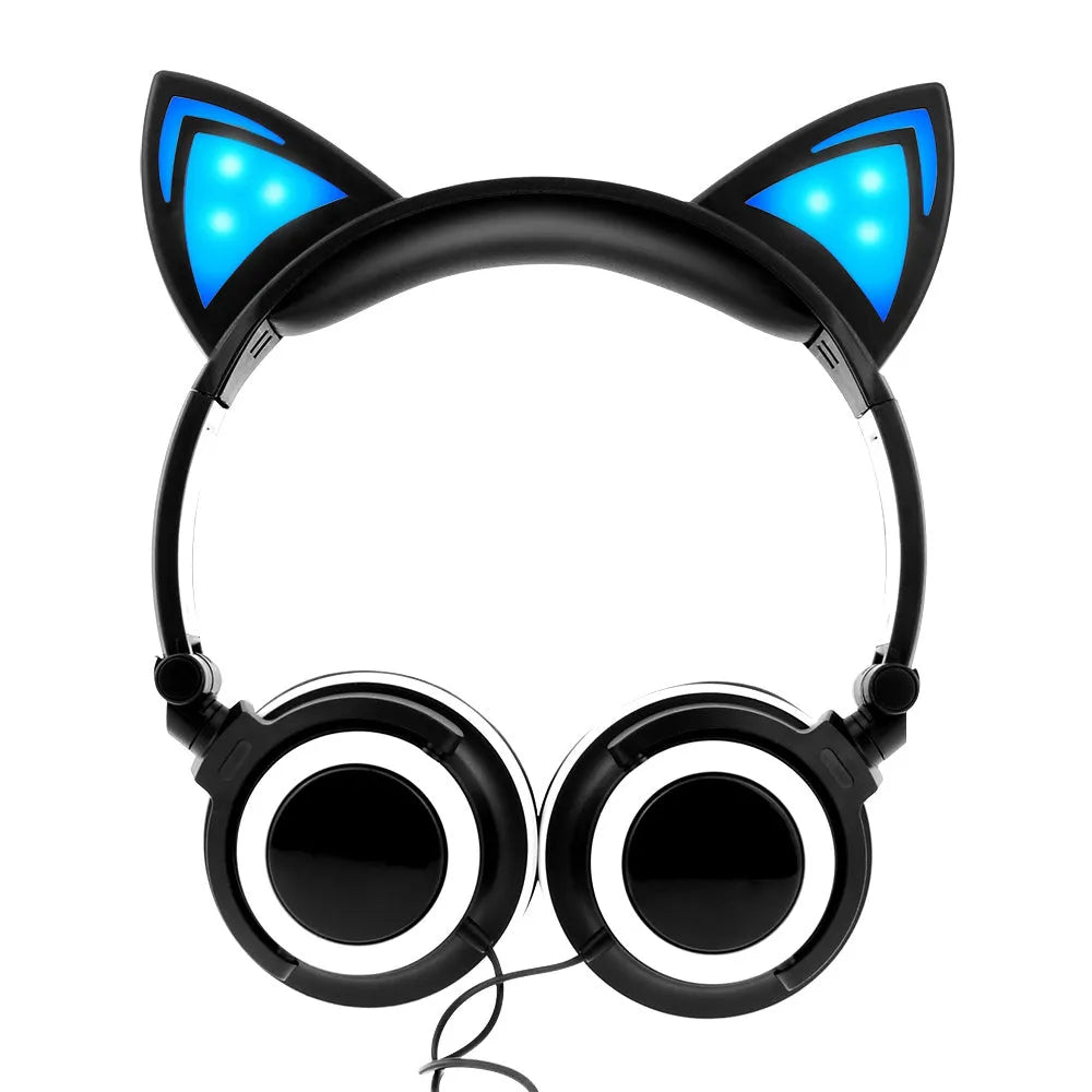 Colourful cat ear headphones with illuminated LED lights on the ears and ear cushions