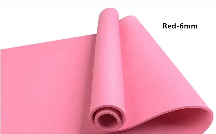 EVA yoga mat in red showing rolled and flat positions, demonstrating 4mm and 6mm thickness options.