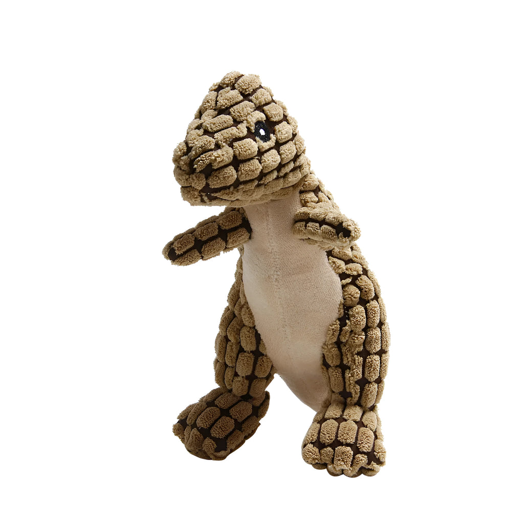 Grey, green, and orange dog sound toy resistant to bites and grinding teeth, measuring 35cm long.