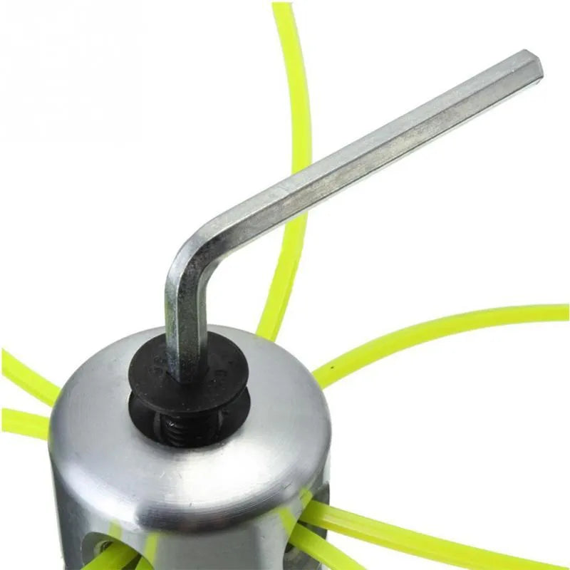 Silver aluminium lawn mower grass rope head with four light yellow square cutting lines and a wrench.