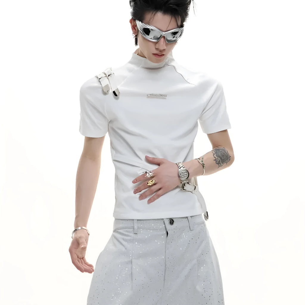 Men's black cotton short sleeve T-shirt with metal belt design and stand-up collar