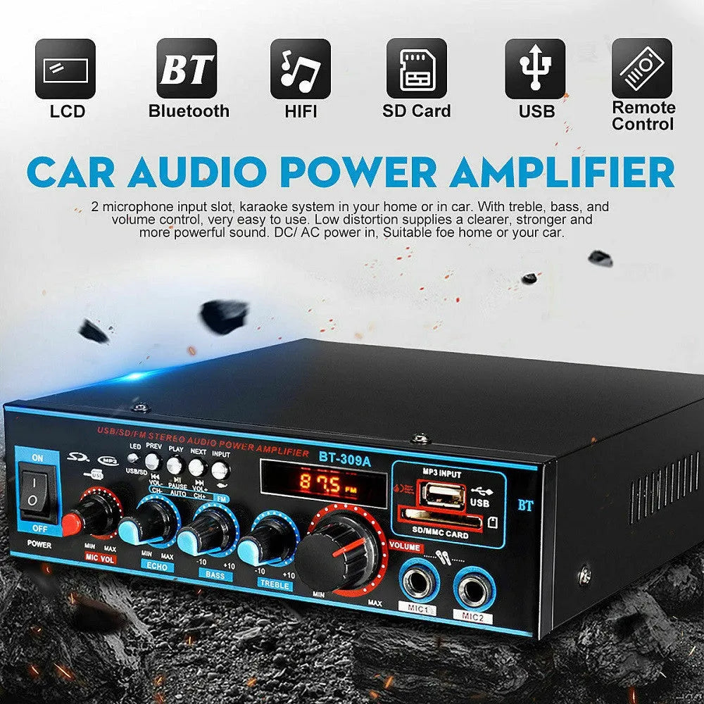 Black BT-309A-A Bluetooth power amplifier with recording function and remote control.