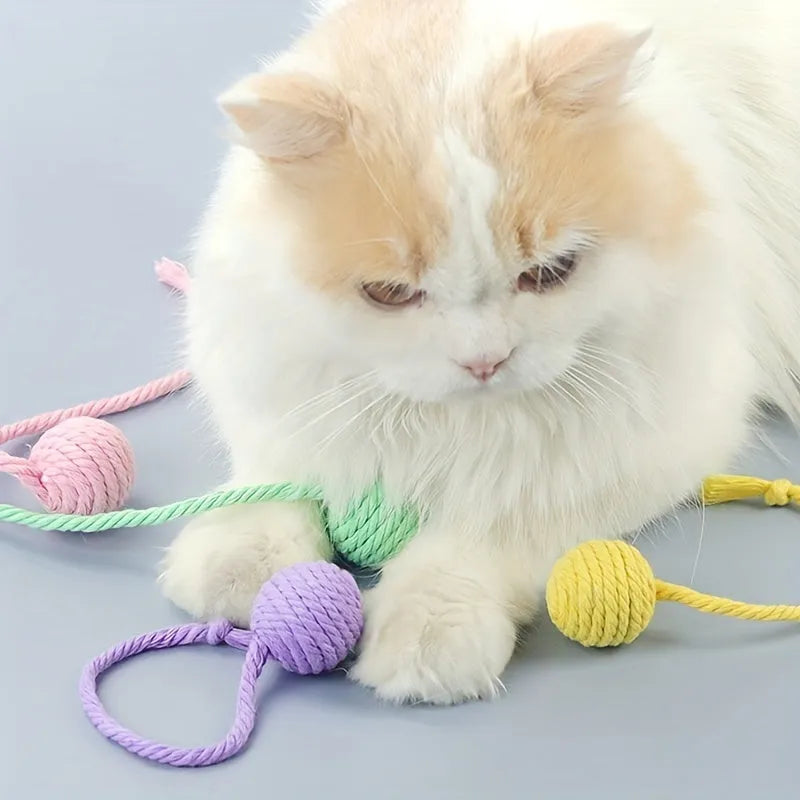 Coloured cat toy ball with rope attached and built-in bell inside, shown in green, pink, purple, and yellow options