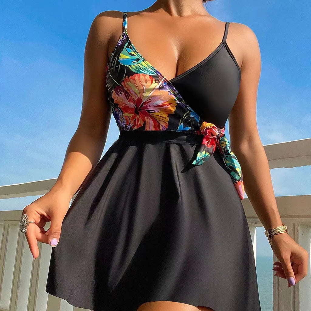 Black women's high waist briefs bikini with printed split design for sports and swimming