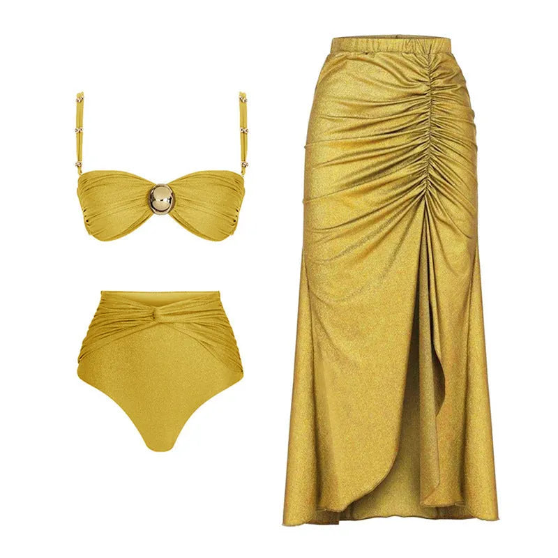 Yellow and green high-waisted women's split swimsuit bikini on a mannequin.