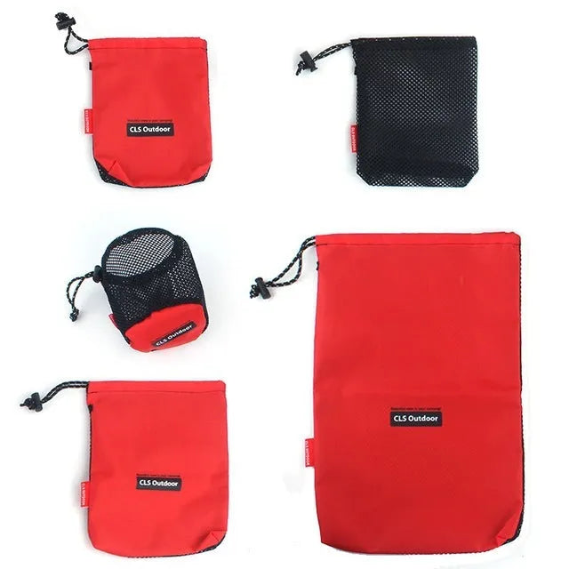 Red outdoor travel storage bag set with 5 pieces showing mesh panels and zipper closures
