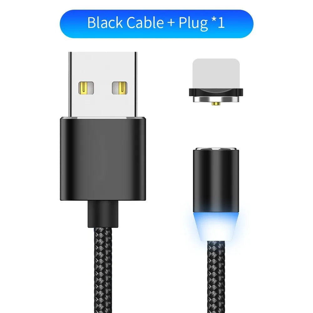 YBD black magnetic LED charging cable with cotton weave, aluminium shell, and LED light shown next to a smartphone.