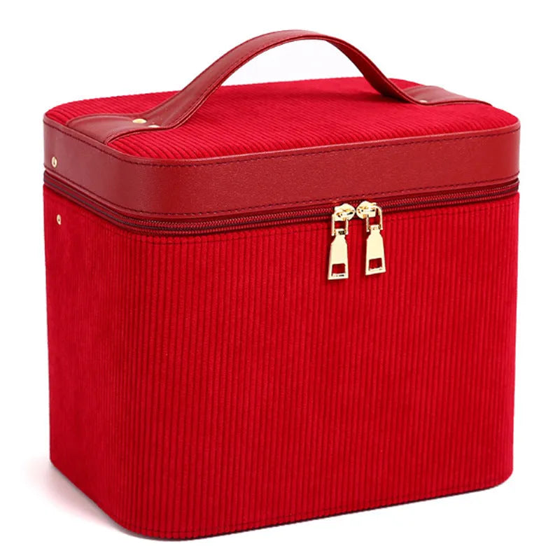 Corduroy cosmetic storage box with solid colour design and large interior capacity