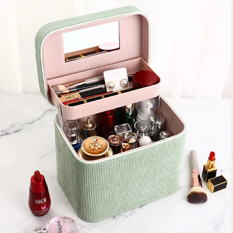 Corduroy cosmetic storage box with solid colour design and large interior capacity