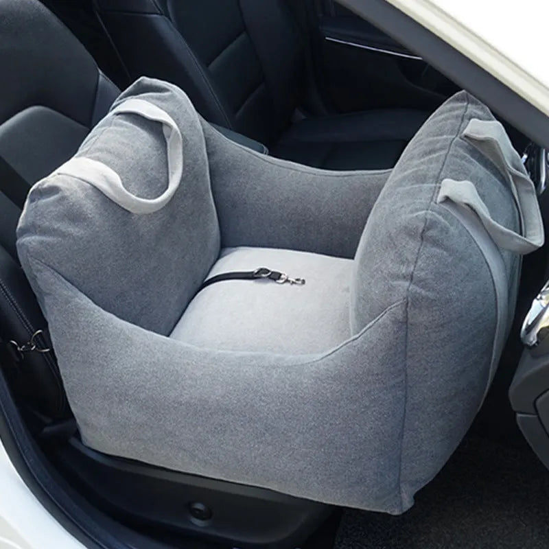 Pet dog car carrier seat basket in grey cloth with mesh panels for breathable travel