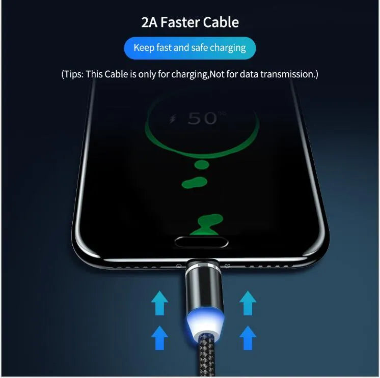 YBD black magnetic LED charging cable with cotton weave, aluminium shell, and LED light shown next to a smartphone.