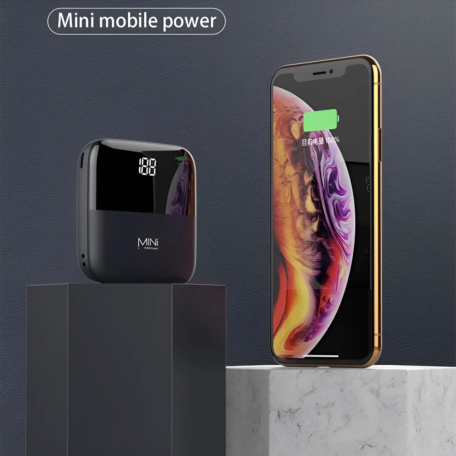 Portable 10000mAh power bank with digital display and dual USB outputs