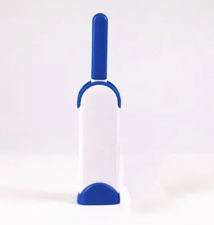 Blue reusable pet hair removal brush with self-cleaning base for furniture and clothing