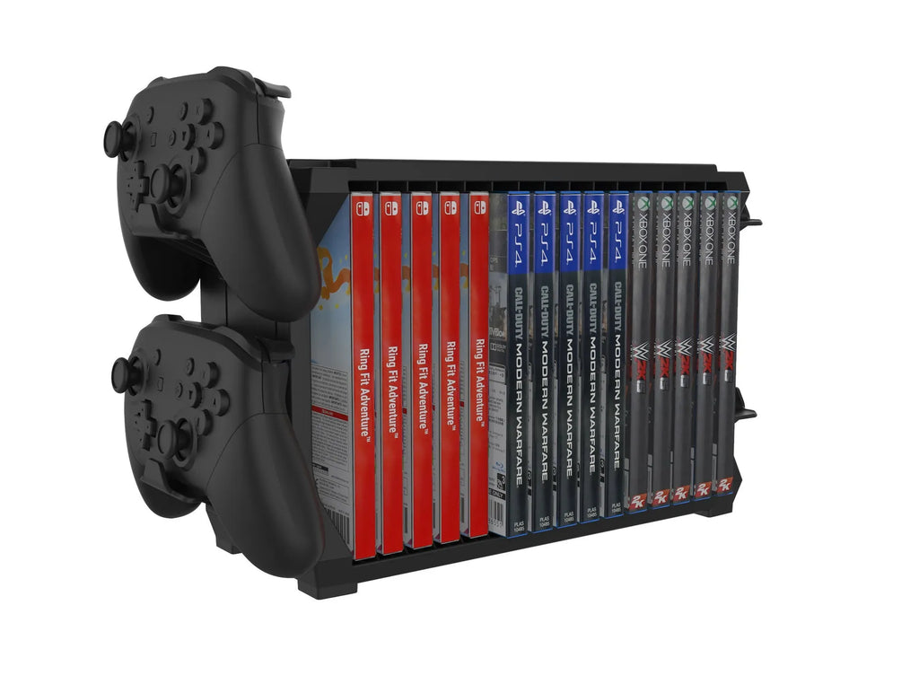 Black PS5 disc holder stand storing game discs and four controllers