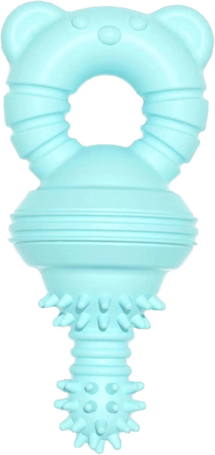 Blue rubber dog chew toy with textured surface for cleaning teeth, shown next to a measuring tape indicating 13.5 cm size.