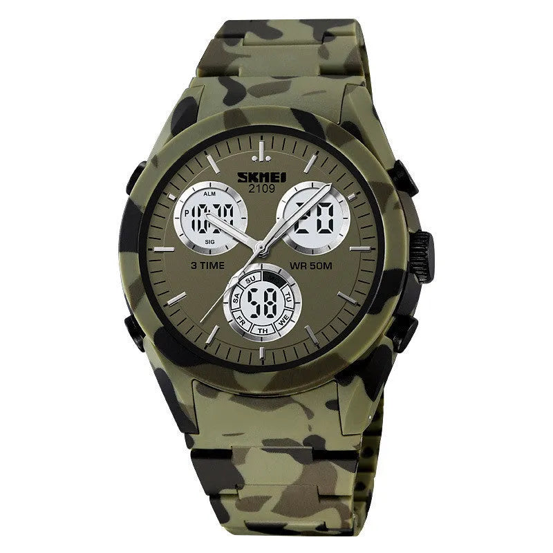 Electronic casual watch with camouflage pattern, resin mirror, and TPU strap showing 50m waterproof rating