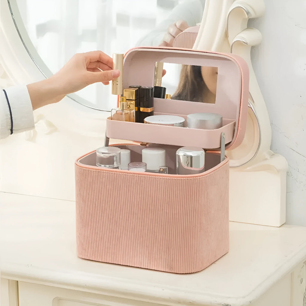 Corduroy cosmetic storage box with solid colour design and large interior capacity
