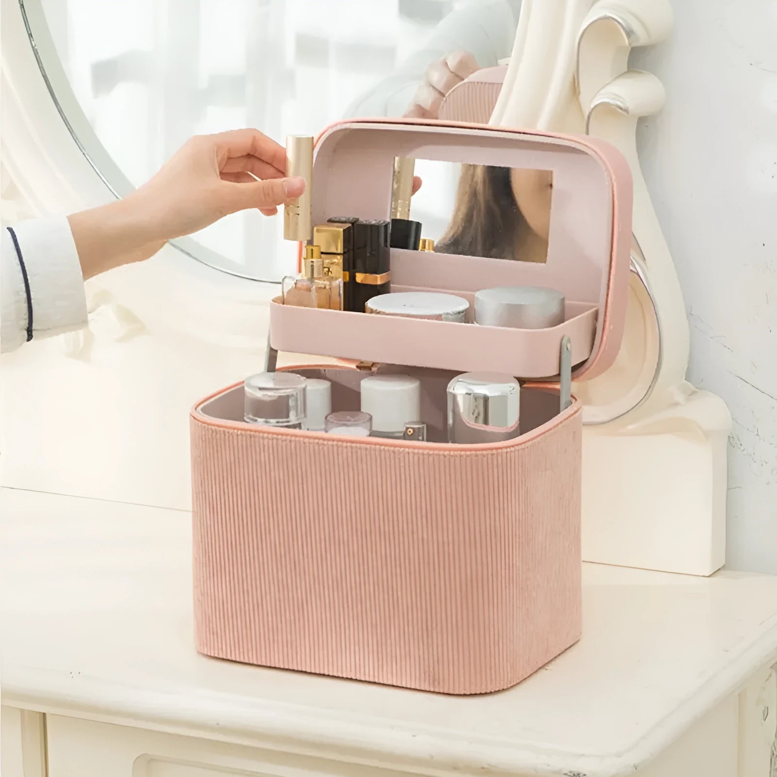 Corduroy cosmetic storage box with solid colour design and large interior capacity