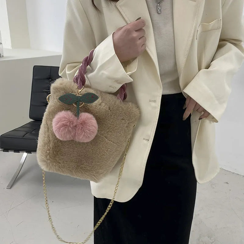 Large capacity soft plush travel bucket bag with open pocket in milky white colour