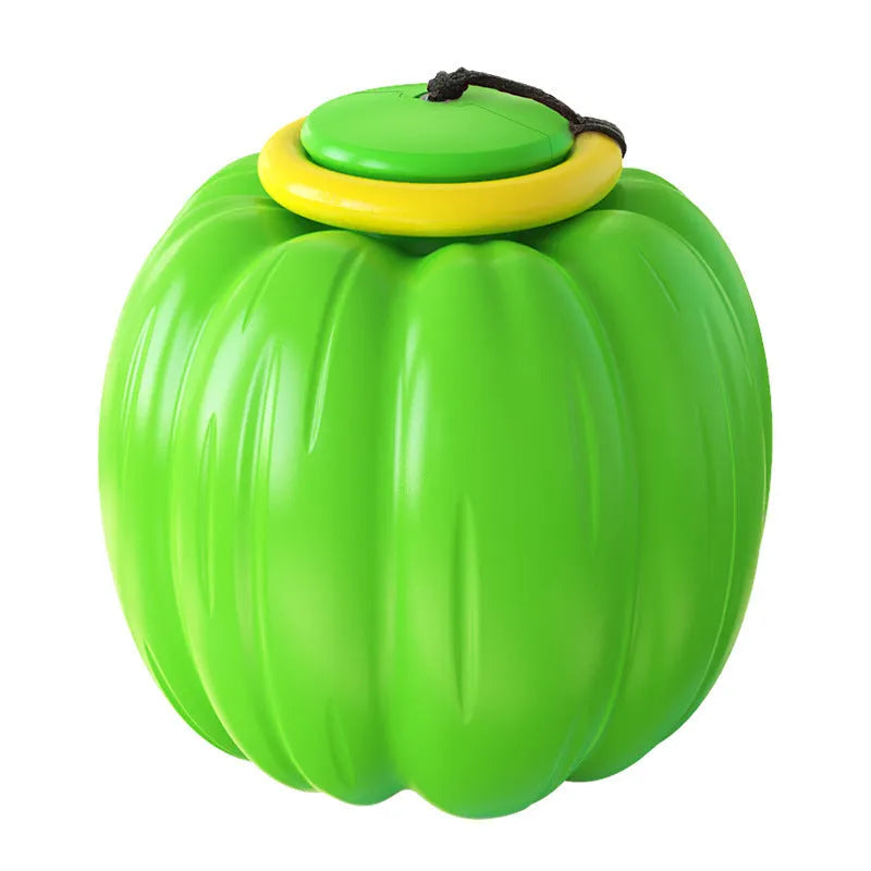 Orange plastic pumpkin-shaped dog chew toy with a squeaker, shown next to a measuring tape indicating its 68mm size.