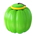 Orange plastic pumpkin-shaped dog chew toy with a squeaker, shown next to a measuring tape indicating its 68mm size.