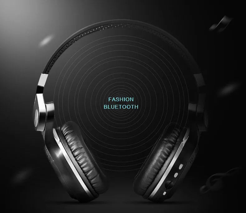 Bluetooth stereo headset with card plug-in subwoofer in four colour options: white, red, blue, and black