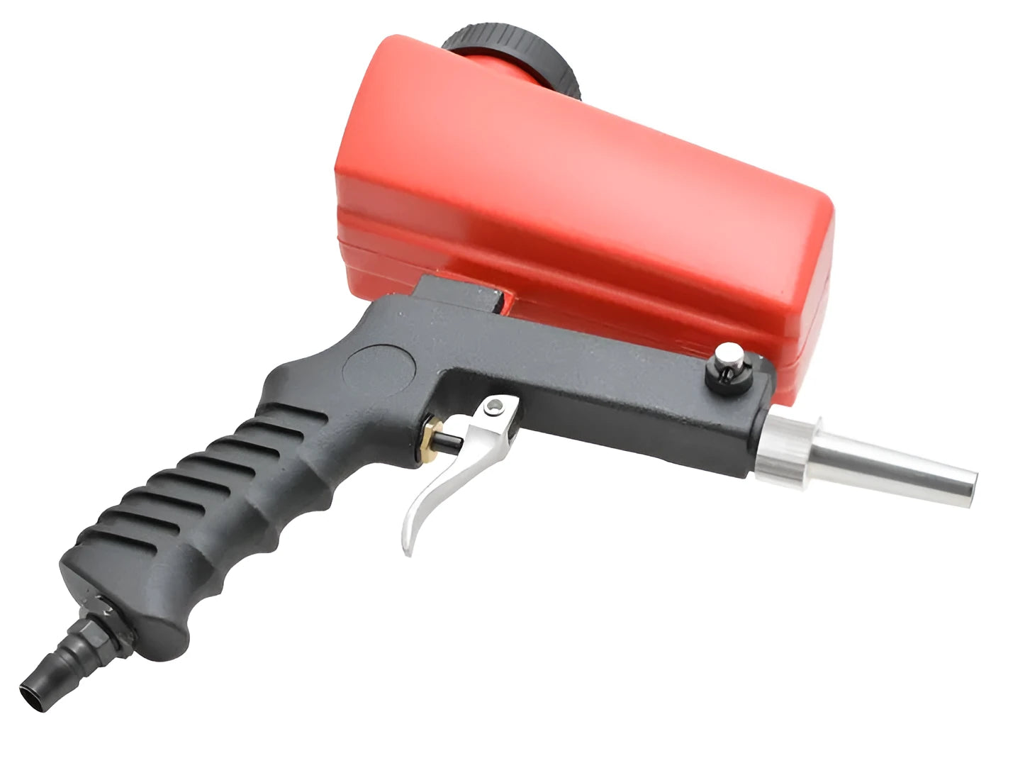 Portable black gravity-feed pneumatic sandblasting gun with a sand tank and trigger.