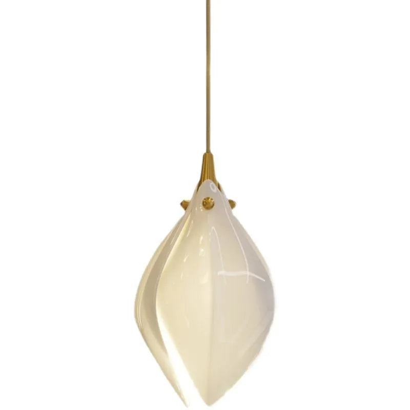 Ceramic magnolia coloured single-head pendant light with petal chandelier design.
